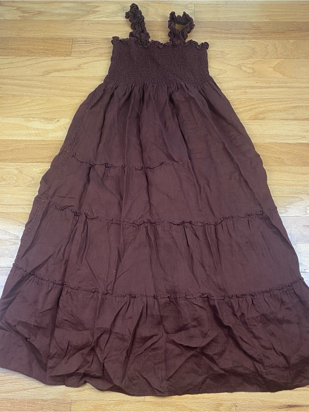 Quince 100% European Linen Smocked Midi Dress Chocolate Brown Size L